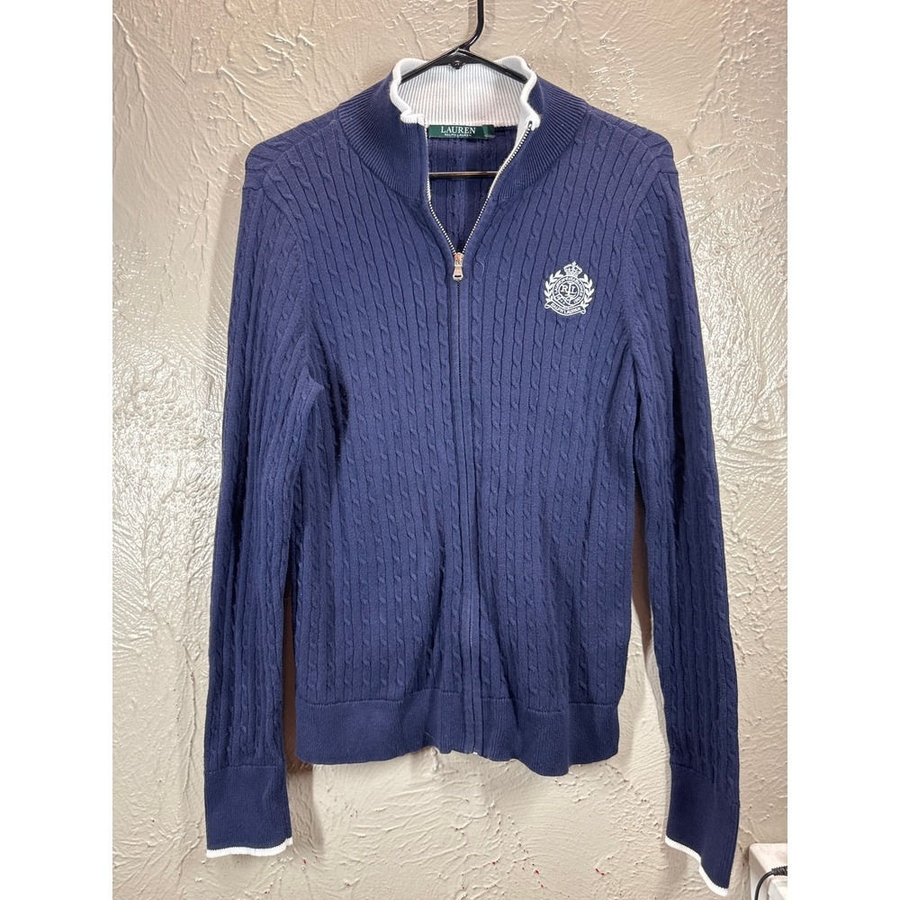Lauren Ralph Lauren Sweater Cotton Full‎ Zip Embroidered Logo Womens Size Large